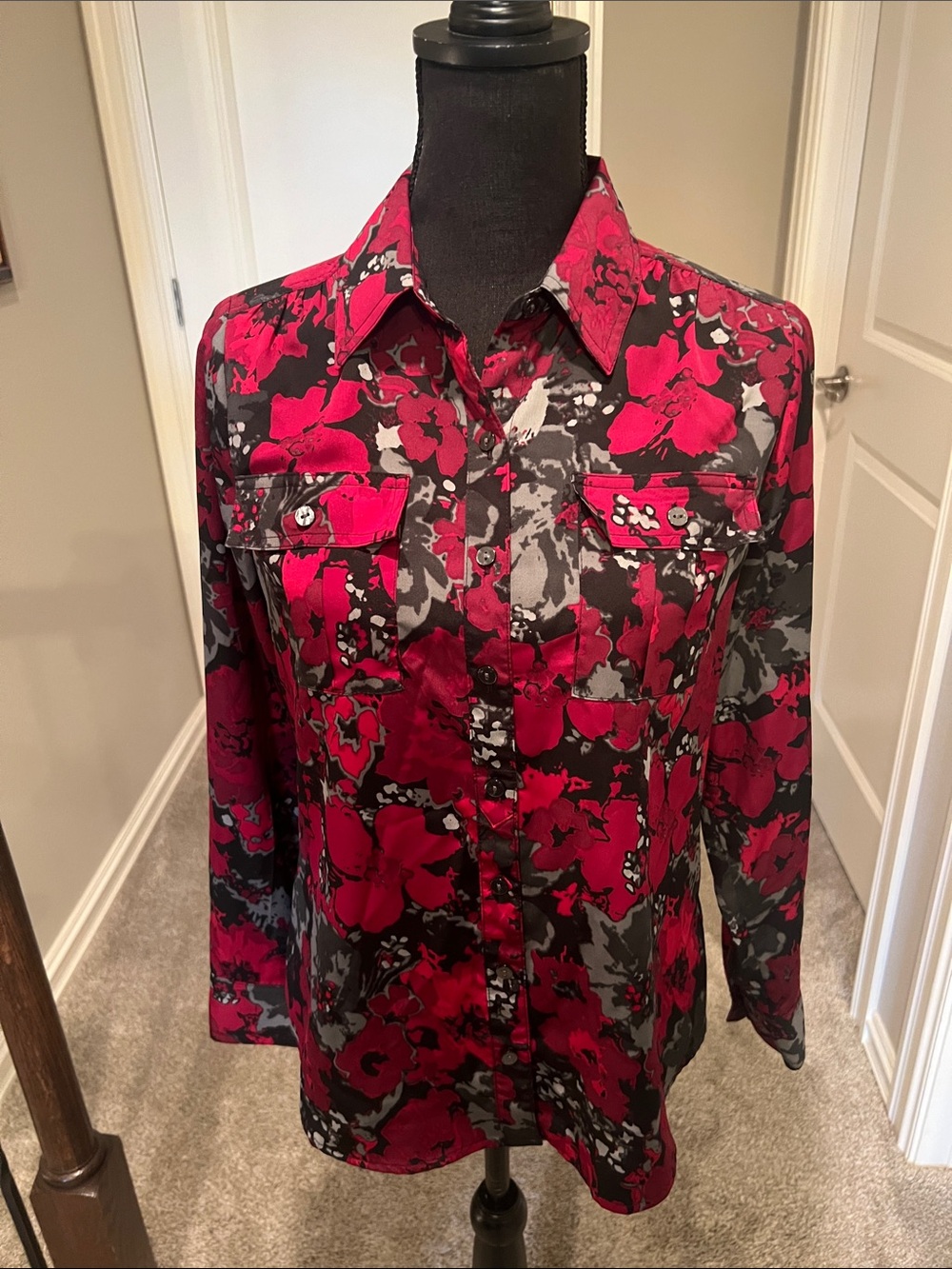 croft & barrow Pink and Gray Floral Button-Front Shirt